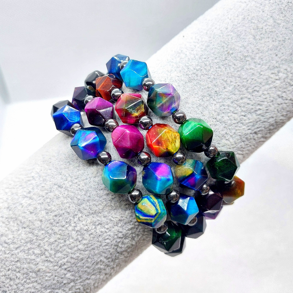 10mm Diamond Faceted Rainbow Mixed Tiger Eye Bracelets 28$